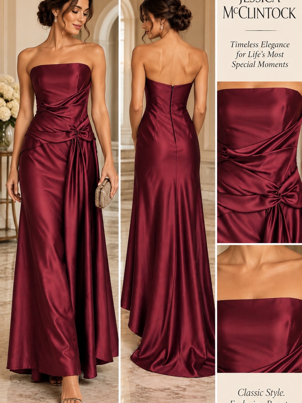 Jessica McClintock Burgundy Satin Ruched Maxi Evening Gown Dress Size 6